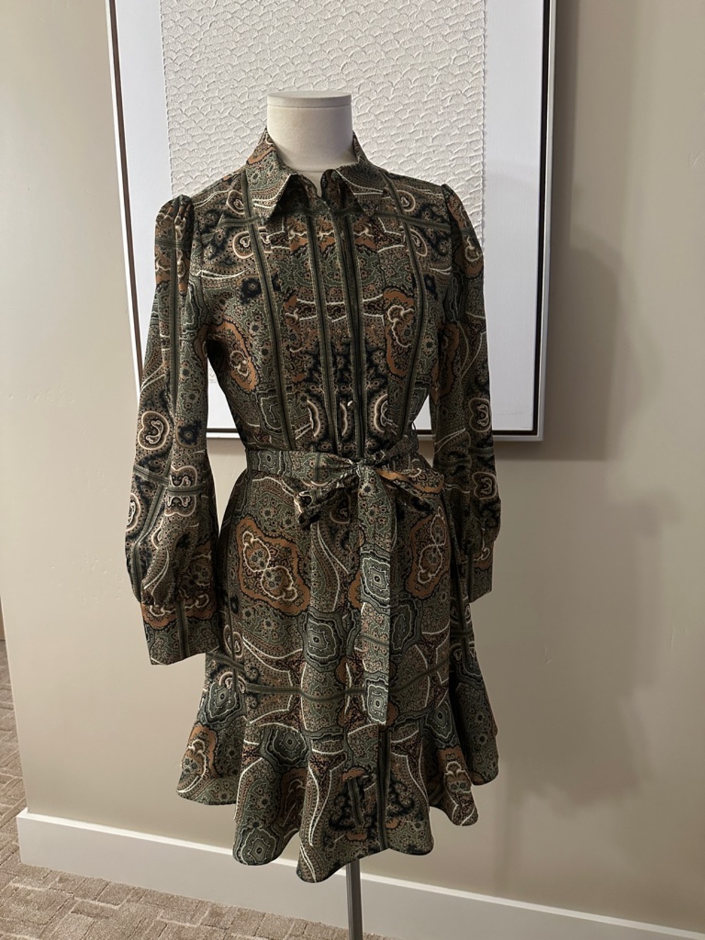 Alex Marie Olive Green Paisley Tie-Waist Long Sleeve Dress
